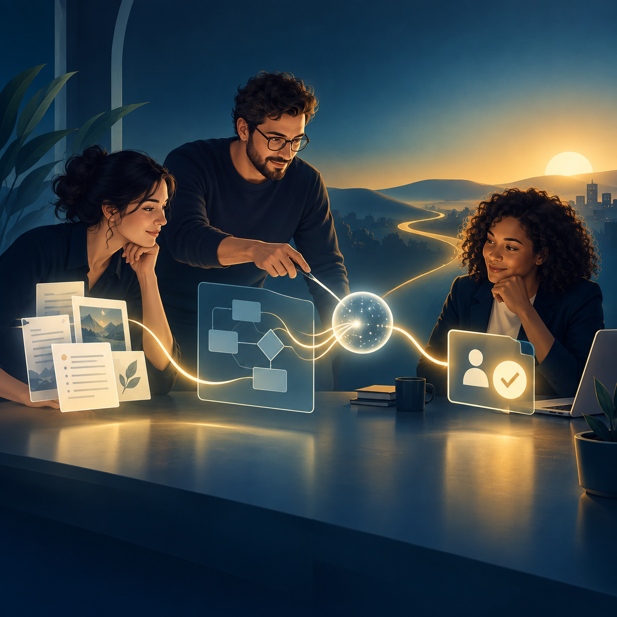 A team redesigning a business workflow with AI support