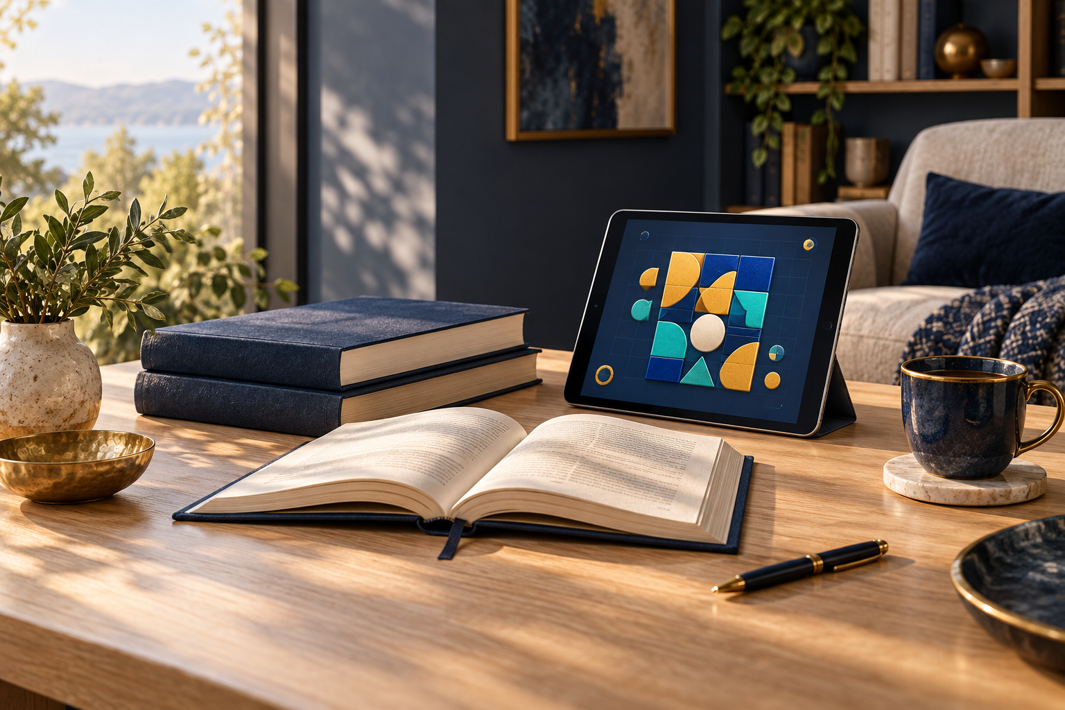 Books and a tablet puzzle game in a warm reading nook