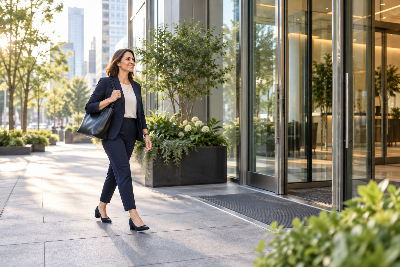 A professional arriving at a workplace for a career opportunity