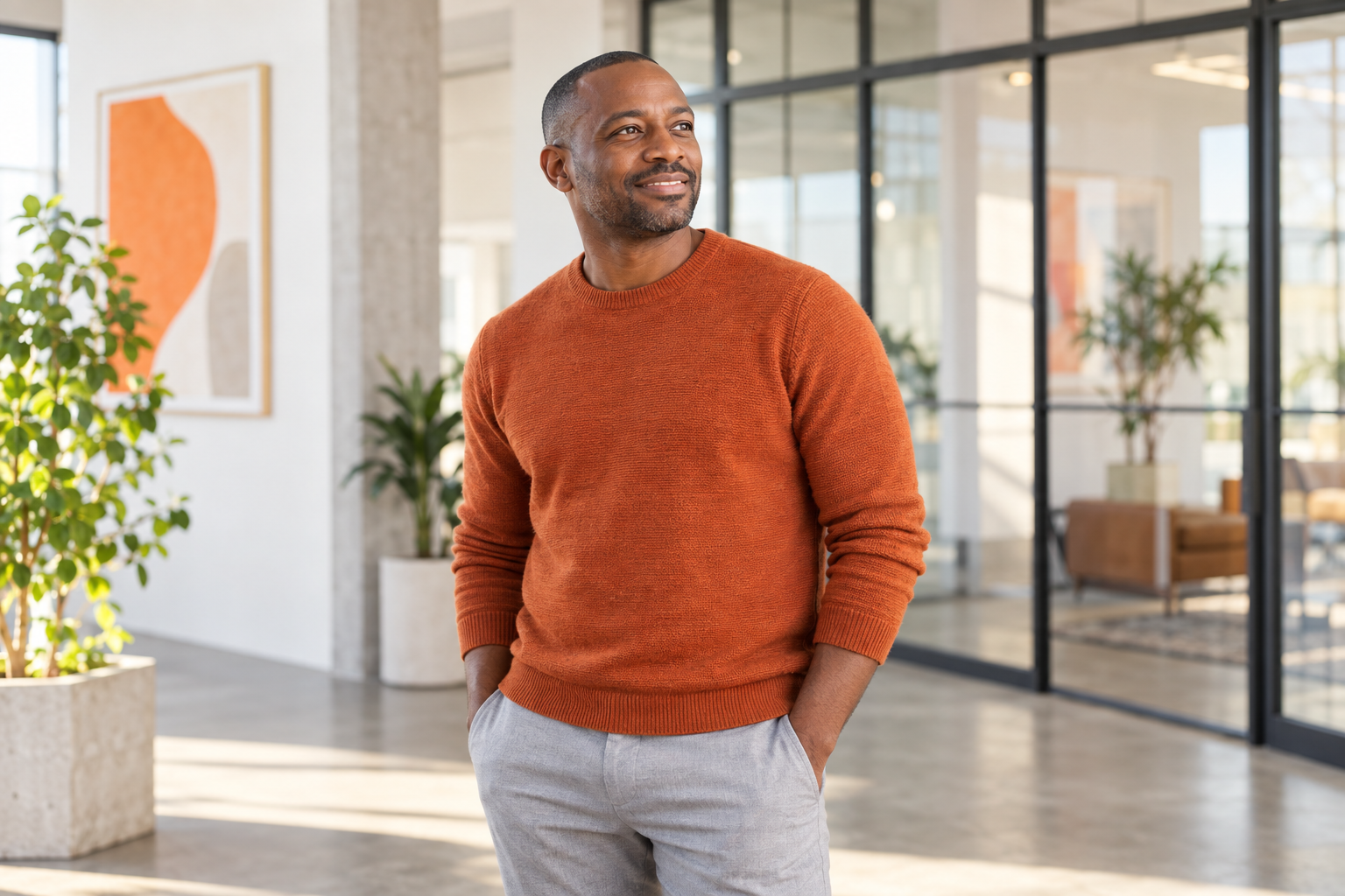 A professional in a rust-colored sweater looking ahead in a bright workplace